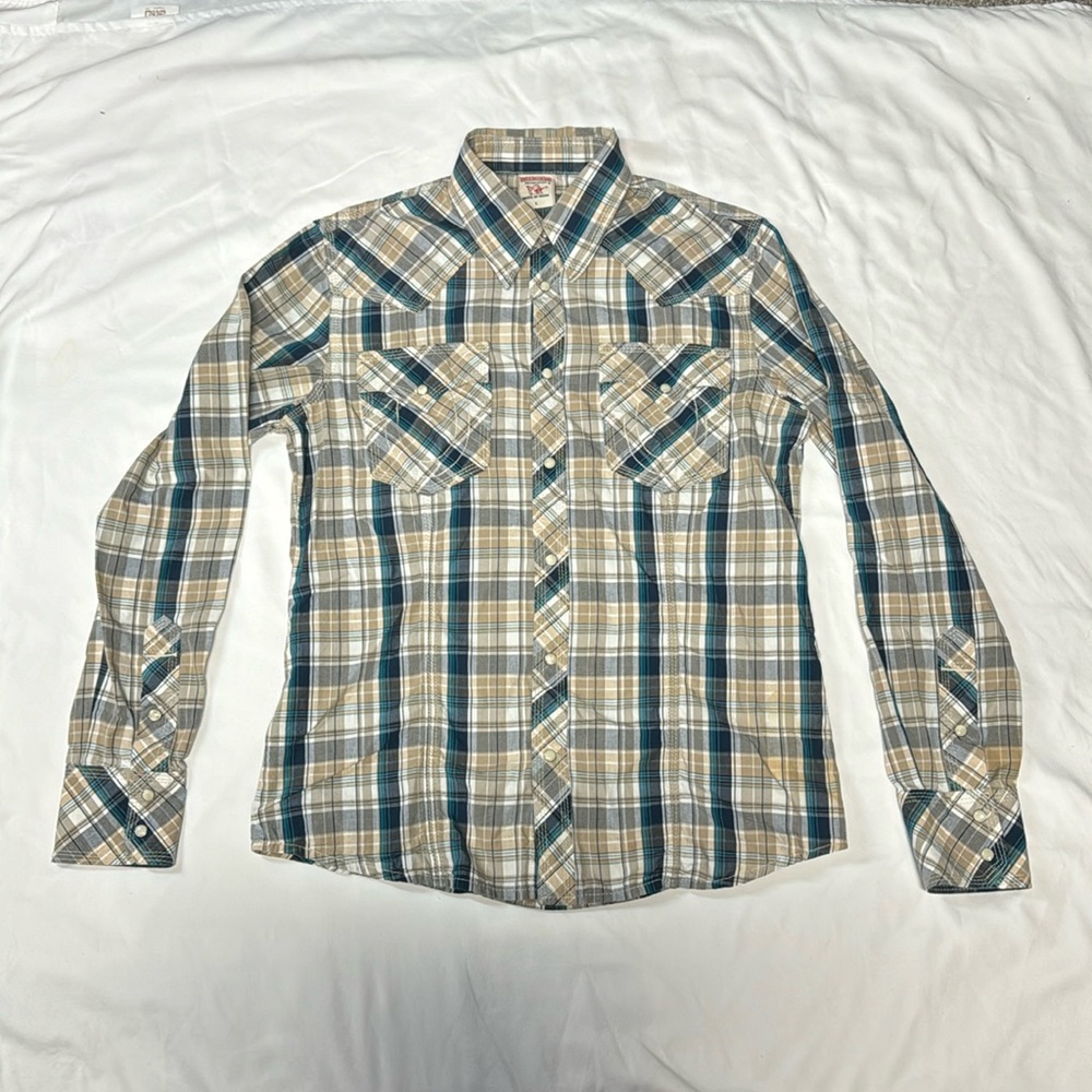 Men’s True Religion plaid snap long sleeve collard shirt size large blue/beige